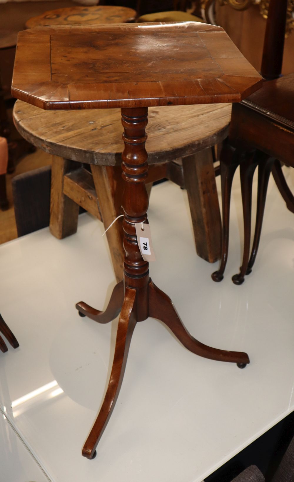 A Victorian style rectangular yew wine table on tripod base, H.70cm